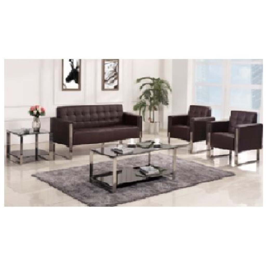 Five Seater Black Leather Sofa With Steel Cantilever Leg (SA404)