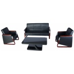 5 Seater BlackLeather Meeting Sofa With Wooden Inlay Arm Rest (SA174)