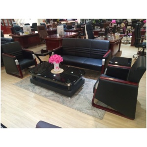 5 Seater BlackLeather Meeting Sofa With Wooden Inlay Arm Rest (SA174)